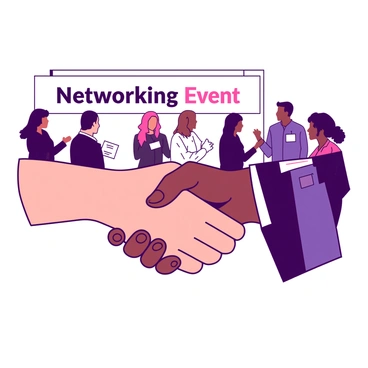 Two hands with a light skin tone and a darker skin tone are shaking in a friendly greeting at a networking event. The hands are firmly clasped together, showcasing the common gesture of welcome. In the background, there are blurred silhouettes of people engaging in conversation, with some carrying name tags. The setting is well-lit, suggesting a vibrant atmosphere. A banner with the text "Networking Event" is partially visible in the background, adding context to the scene.