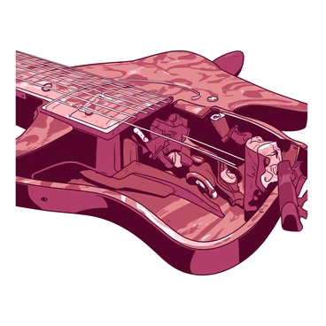 A close-up view of the interior of an electric guitar, showcasing the intricate details of its components. The body of the guitar is shown in rich detail, revealing the intricate wood grain patterns. Prominently featured are the pickups, which are glossy and metallic, with exposed wires running from them to the control cavity. The wiring is tangled yet organized, connecting various parts of the guitar. The interior is illuminated in a way that highlights the craftsmanship and engineering of the instrument.