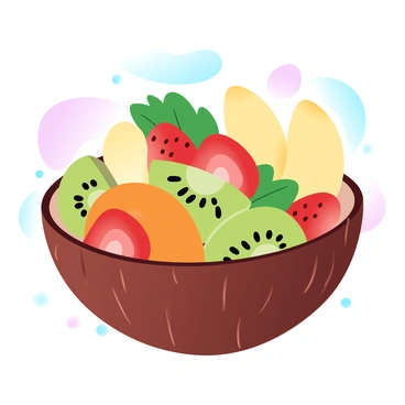 A handcrafted bowl made from a coconut shell is filled with a vibrant fruit salad. The bowl, with its natural brown texture, showcases slices of yellow banana, red strawberries, green kiwi, and orange segments. The colorful fruits are artfully arranged, with some pieces slightly overlapping others for a bountiful look. A few mint leaves are sprinkled on top for added freshness. The setting has a soft gradient of pastel colors in the background, enhancing the vibrant tones of the fruit salad.