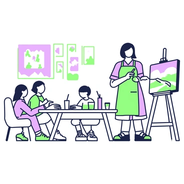 An instructor is standing at the front of a workshop room, demonstrating a painting technique. The instructor has shoulder-length hair and is wearing an apron over a casual shirt and trousers. To their right, there is an easel holding a canvas, which shows a partially completed landscape painting. The instructor is holding a paintbrush in their right hand and a palette in their left hand, displaying a variety of colors. In front of the instructor, several students are seated at tables, attentively watching the demonstration. Each table has art supplies scattered across it, including brushes, canvases, and containers for water. The walls are decorated with various art pieces, providing an inspiring atmosphere.