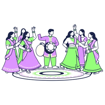 A group of dancers is performing Garba in a circular formation. Each dancer is wearing vibrant traditional attire, with intricate embroidery and patterns. The outfits are adorned with decorative accessories, including silver jewelry and colorful bangles. The dancers are moving energetically, with their arms raised and smiles on their faces. In the center of the group, there is a dhol player accompanying the dancers, holding a large drum. The floor beneath them is decorated with colorful rangoli patterns. The atmosphere seems lively as the dancers synchronize their movements to the rhythm of the music.