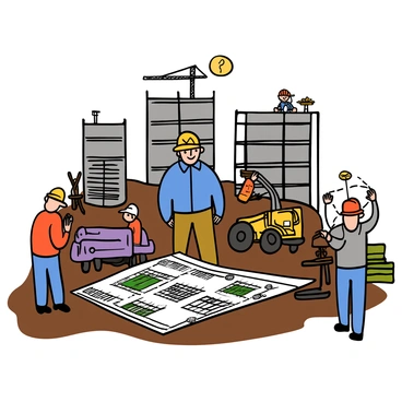 A man with light skin and short hair is inspecting a construction site for a new urban development project. He is wearing a hard hat, a blue shirt, and khaki pants. Around him, construction workers are actively working, some are operating machinery, while others are discussing plans near architectural blueprints laid out on a table. In the background, there are partially built high-rise buildings and scaffolding. The sun is shining, casting clear shadows on the ground, and there are construction materials stacked nearby.