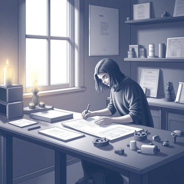 A young man with long hair is focused on drawing plans for an invention in a studio illuminated by the warm glow of candlelight. He is seated at a wooden workbench cluttered with sketches and tools. Various mechanical components and gears are scattered around him, hinting at the complexity of his creation. The walls are lined with shelves filled with scrolls and notebooks, showcasing his ideas. A large window, partially draped, allows faint light to filter in, adding to the atmosphere of creativity and inspiration. The expression on his face reflects determination and curiosity.