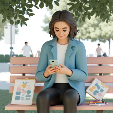 An artist, wearing a blue denim jacket, a white t-shirt, and black jeans, sits on a wooden park bench. They have shoulder-length wavy hair and are focused on their smartphone. The artist smiles softly as they scroll through social media, reading comments on their artwork. Around them, there are trees with green leaves providing shade, and a few people are walking in the background. A sketchbook and a set of colored pencils are placed beside them on the bench, hinting at their creative passion.