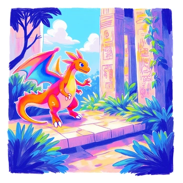 Charizard exploring ancient ruins with vine-covered pillars and carvings