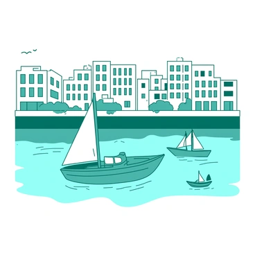 A teal small boat is gently floating on the clear water of the River Liffey. The boat has a single white sail that is slightly billowing in the breeze. In the background, a row of white city buildings with large windows and balconies line the riverbanks. The sky above the city is a soft shade, and the reflections of the buildings can be seen on the water's surface. A few more small boats with different shapes and sizes are also present, creating a peaceful yet lively scene.