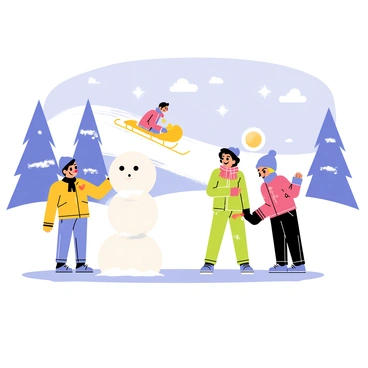A snowy landscape with a light blue sky filled with fluffy white clouds. In the foreground, two children are building a snowman, one child is stacking a large snowball on top of another while the other adds small pebbles for the snowman's eyes and a carrot for the nose. The children are bundled up in colorful winter clothing, including a red scarf on one child and a blue beanie on the other. In the background, a sledder on a bright yellow sled is speeding down a hill, waving enthusiastically. The children are smiling and saying "Hi!" to the sledder, surrounded by sparkling snow and pine trees dusted with snow.