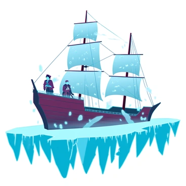 A ghost ship trapped in thick, blue ice, its weathered wooden hull partially submerged. The sails are tattered and frozen, appearing ghostly against the icy backdrop. Mist swirls around the ship, creating an ethereal atmosphere. Spectral sailors can be seen on deck, their translucent figures dressed in tattered historical seafaring clothing, with hollow eyes staring into the distance. The ship's mast looms tall, adorned with icicles, and the surrounding icebergs are jagged and sharp, reflecting light in various shades of blue and white.