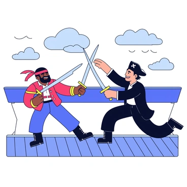 Two pirates are engaged in a duel on the deck of a ship. One pirate has a red bandana and a beard, wielding a silver sword. The other pirate has a black hat and a hook for a hand, brandishing a gold sword. Dark clouds fill the sky above, and waves crash against the sides of the ship. The boards of the deck are wet and glistening, and the pirates have determined expressions as they clash swords.