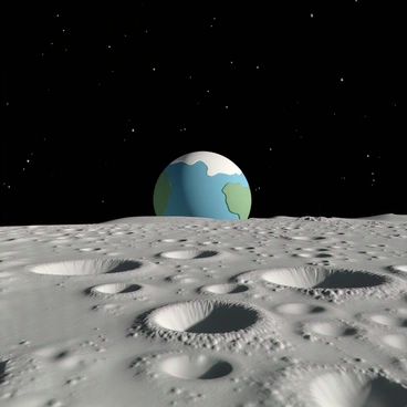 The surface of the moon is depicted with numerous craters of various sizes scattered across the gray, dusty landscape. Some craters are deep with rugged edges, while others are shallow and smooth. In the background, Earth is visible as a vibrant blue and green sphere, partially illuminated by sunlight. The transition from the barren lunar surface to the distant, colorful planet creates a striking contrast in the scene. The sky is pitch black, dotted with tiny stars, enhancing the isolation of the moon's surface. The overall composition captures the stark beauty of this extraterrestrial environment.