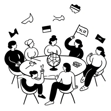 A group of students from various countries gathered around a large table showcasing cultural artifacts. Each student is holding a unique item that represents their heritage, such as a traditional textile, a musical instrument, and a historical book. In the center of the table, there is a globe, surrounded by maps depicting different countries. The students are engaged in conversation, pointing at their items while others listen attentively. Various flags from different nations are displayed in the background, adding to the cultural atmosphere.