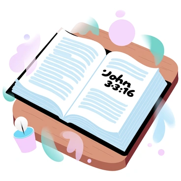 An open Bible is resting on a wooden table, showcasing the text of the pages. A bookmark is inserted at "John 3:16," clearly marking the passage. The wooden table has a rich grain texture, with soft lighting casting gentle shadows across the surface. A few decorative items like a small potted plant and a candle are placed nearby, complementing the scene.