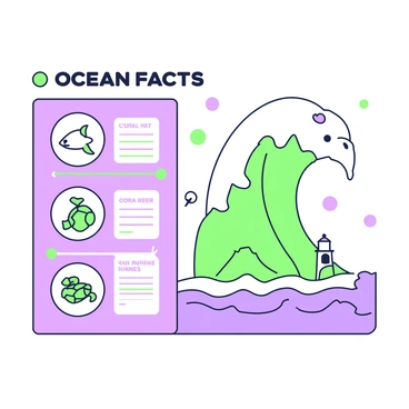 An infographic layout focused on key facts about the ocean. At the top, there is a large title in bold letters that reads "OCEAN FACTS". Below the title, a large wave icon is featured, flowing from the left side to the right. To the left of the wave, there are four circular icons, each representing a different ocean fact. The first icon depicts a fish, the second shows a coral reef, the third features a sea turtle, and the fourth illustrates a lighthouse. Each icon is labeled with concise text in a clear font. The background contains a subtle pattern of waves and bubbles, enhancing the thematic oceanic feel of the infographic.
