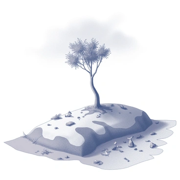 A single tree stands on top of a hill, its trunk sturdy and branches reaching outward. The tree is surrounded by a barren landscape, with scattered debris and remnants of pollution in the foreground. The hill slopes gently down to a view of the desolate terrain, showcasing patches of dry earth and twisted, lifeless vegetation. The sky above is clouded, with a sense of heaviness hanging in the air. The overall scene emphasizes the stark contrast between the lone tree and the surrounding environmental degradation.