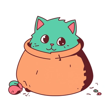 A teal fluffy cat with bright green eyes is curiously peeking out from an orange sac-à-dos. The top of the sac-à-dos is open, revealing the cat's head and part of its body. The cat's ears are perked up, and its whiskers are prominently displayed. The fabric of the sac-à-dos has a textured appearance, and there are small pockets visible on the outside. A few toys are scattered around the base of the sac-à-dos, adding to the playful atmosphere.