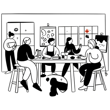 Becca Hall is seated at a large wooden table in a shared studio space. Surrounding her are various art supplies, including paintbrushes, sketchbooks, and canvases. Other artists are engaged in their creative processes in the background, with one painting on a canvas and another working on a sculpture. The walls of the studio are adorned with colorful artworks, creating a vibrant atmosphere. Large windows let in natural light, illuminating the creative energy in the space. A corkboard filled with sketches and inspiration hangs prominently on one wall.