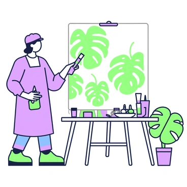 An artist is standing in front of a large canvas that is propped up on an easel. The artist, wearing a blue smock and a beret, holds a brush in their right hand while the left hand rests on the hip. The canvas features multiple monstera motifs in various sizes, displaying intricate leaf patterns. A palette filled with green and purple paints sits on a nearby table. Brushes of different sizes are scattered around the table. In the background, there are paint tubes and a small potted monstera plant on the floor, adding to the thematic elements of the scene.