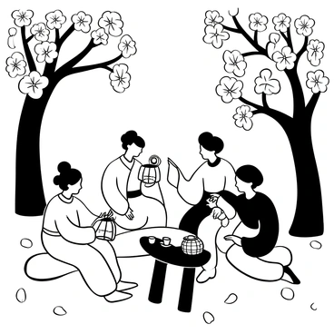A group of geishas in traditional attire gathered under a canopy of cherry blossom branches. Each geisha is holding a small lantern that emits a soft, glowing light. The lanterns are intricately designed with ornate patterns. The geishas are arranged in a semicircle, with one of them playfully twirling her kimono. Scattered around them are fallen cherry blossom petals, enhancing the atmosphere of the evening gathering. There is a low wooden table in front of them with a teapot and cups, indicating a tea ceremony.