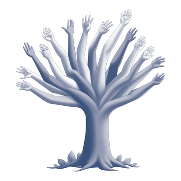 A large tree with a thick trunk stands prominently in the center of the image. Its branches extend outward, and instead of traditional branches, they are formed by numerous arms representing diverse individuals. Each arm varies in size, shape, and position, showcasing different skin tones and hand gestures that symbolize unity and connection. The arms reach towards the sky, creating a sense of upward movement and growth. Below the tree, the ground is covered with leaves, and the tree's roots are partially visible, grounding the structure while intertwining with hints of different textures, suggesting a strong foundation of community.