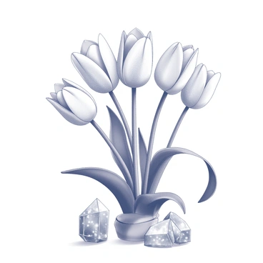 A cluster of rare tulips with unique shapes and textures, prominently displayed in a decorative arrangement. The tulips exhibit intricate petal details and delicate variations in their forms. Surrounding the tulips, multiple glistening crystals are strategically placed, reflecting light and enhancing the elegance of the composition. The entire arrangement is set against a simple, neutral background that complements the focus on the flowers and crystals.