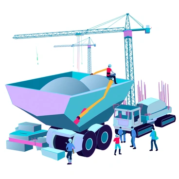 A large industrial hopper made of steel, filled with gray gravel. The hopper is situated at a bustling construction site, surrounded by various machinery including an excavator with a bright yellow arm, a concrete mixer truck, and piles of construction materials like rebar and timber. Cranes tower in the background, lifting heavy objects. Workers in hard hats are scattered around, some operating machinery while others are coordinating activities on the ground. The scene is bustling with activity, showcasing the scale and intensity of construction work.