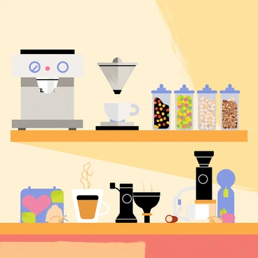 A portafilter is prominently displayed on a wooden shelf. The shelf is filled with various coffee-related items, including a shiny silver espresso machine, a collection of colorful coffee beans in glass jars, and a small ceramic cup with a steaming espresso. A vintage coffee grinder sits next to the portafilter, and there are scattered coffee grounds on the shelf, adding to the coffee-making atmosphere. The background features a warm, inviting kitchen setting, enhancing the overall coffee theme.