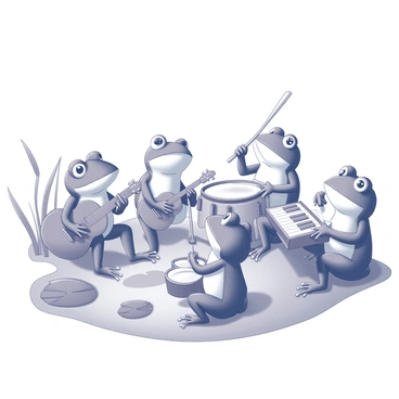 A group of frogs gathered by a pond, each frog engaged in playing various musical instruments. One frog is holding a guitar, with its tiny limbs positioned around the neck and body of the instrument. Another frog is sitting behind a drum set, striking the drums with enthusiasm. A third frog is playing a small keyboard, its webbed fingers dancing across the keys. The setting includes lily pads floating on the water and reeds swaying gently in the background. The frogs are animated and focused on their music, creating a lively atmosphere for their concert.