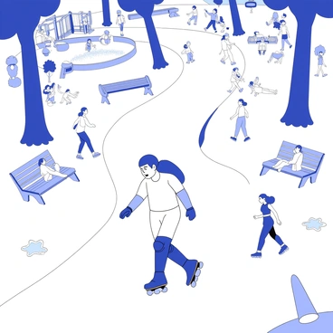 A person is gliding smoothly on roller skates along a paved path in a bustling city park. The skater has a focused expression, wearing protective gear including knee pads and wrist guards. Surrounding the skater, there are numerous people engaged in various activities, such as jogging, walking dogs, and enjoying picnics on the grass. Tall trees frame the park, and a playground can be seen in the background with children playing on swings and slides. Benches are scattered along the path, and a fountain is visible, with water splashing gently.