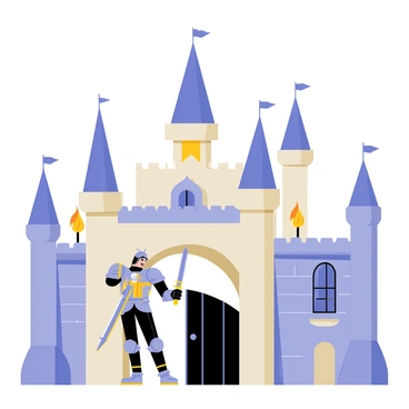 A majestic castle with tall spires and stone walls rises in the background. The castle features banners fluttering in the wind and intricate details on its façade. In the foreground stands a hero, wearing shining armor, holding a sword raised confidently. The hero has a determined expression on their face, ready to defend the castle. The gate of the castle is large and imposing, adorned with iron details and flanked by torches that illuminate the scene.