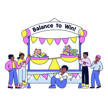 A carnival stand featuring a large, colorful scale in the center. The scale has two round platforms, one side stacked with various objects like colorful balls, stuffed animals, and small toys. Participants are gathered around, some balancing items on the scale while others cheer them on. Brightly colored banners and balloons decorate the top of the stand, creating a festive atmosphere. A sign above the stand reads "Balance to Win!" in bold, playful letters.