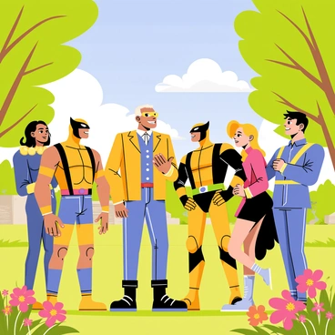 A cartoon-style illustration of "Stan Lee" standing in a colorful park setting, surrounded by the "X-Men". The park features lush green grass and vibrant flowers in various colors, with tall trees providing shade. "Stan Lee" has a cheerful expression while engaged in conversation with characters like "Wolverine", "Storm", and "Cyclops". "Wolverine" is crossing his arms and grinning, "Storm" has her hair flowing elegantly and is smiling, while "Cyclops" adjusts his visor. A blue sky with fluffy white clouds can be seen above, adding to the lively atmosphere of the scene.