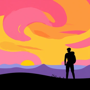 A silhouette of a backpacker stands against a backdrop of a vibrant sunset sky. The sky is filled with swirling shades of orange, pink, and purple, creating a striking contrast with the dark outline of the backpacker. The figure has a backpack slung over one shoulder and is facing away, gazing towards the horizon where the sun is dipping below the landscape. The scene captures a sense of adventure and exploration.