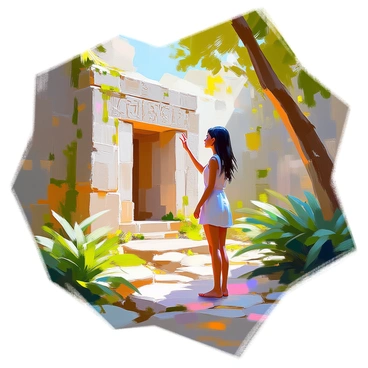 A woman with medium brown skin and long black hair, wearing a light-colored, breathable dress, is exploring ancient ruins. She is standing amidst crumbling stone structures partially covered in moss and vines. Sunlight filters through the dense canopy of lush green trees, creating dappled light on the ground. Around her, there are large ferns and tropical plants, adding to the vibrant greenery of the scene. The woman is examining a carved stone wall, her expression one of curiosity and wonder.