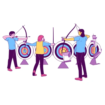 Participants at an archery competition aiming their bows at targets