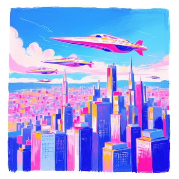 A group of sleek, futuristic spaceships are hovering above a sprawling city. Each spaceship has a distinct design, featuring sharp angles and glowing lights. They cast long, dark shadows over tall skyscrapers below. The skyscrapers are made of glass and steel, reflecting the faint light from the ships. The sky is a deep blue, with a few scattered clouds, enhancing the contrast between the ships and the urban landscape. The atmosphere is tense, as the presence of the spaceships looms over the city.