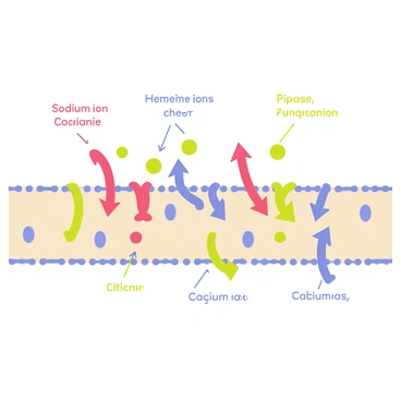 A vibrant illustration depicting the transport of ions within a cell. The image features several colorful arrows representing different pathways for ion movement. Each pathway is color-coded, with red arrows symbolizing sodium ions, blue arrows for potassium ions, and green arrows indicating calcium ions. The background consists of a simplified cell membrane with embedded proteins, highlighting the points where ions cross the membrane. Various small circles represent the ions themselves, moving along their specific pathways. Labels appear next to each colored pathway, clearly identifying the ions being transported.