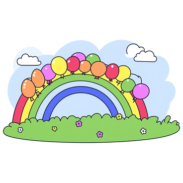 A colorful rainbow made of balloons arches gracefully over a tranquil meadow. The balloons are in various bright colors, such as red, orange, yellow, green, blue, and purple, each round and shiny. Below the rainbow, the meadow features lush green grass dotted with small wildflowers in shades of white, yellow, and pink. A few fluffy clouds are visible in the clear blue sky, completing the picturesque scene.