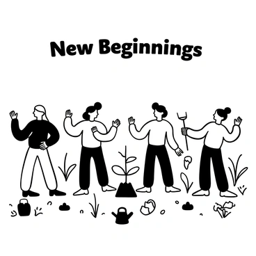 A group of five people standing in an open field, surrounded by newly planted trees. Each person is holding a small shovel, while some are clapping and others are raising their hands in enthusiasm. In the background, small tree saplings are neatly arranged in rows, with some freshly turned soil visible. Scattered around the individuals are small gardening tools, such as watering cans and gloves. The sky above is clear, emphasizing the bright atmosphere of the celebration. The words "New Beginnings" are displayed prominently above the group.