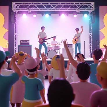 A band is performing on a large stage, with bright colorful lights illuminating the scene. The musicians include a guitarist, a drummer, and a lead singer, all wearing casual clothing. The lead singer is holding a microphone and engaging with the audience. In front of the stage, a diverse group of fans are dancing energetically, with some raising their hands in the air. The fans are wearing various festival outfits, including hats, sunglasses, and vibrant clothing. In the background, large banners and festival decorations add to the festive atmosphere.