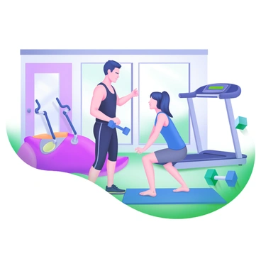 A modern gym scene featuring a trainer demonstrating exercises to a client. The trainer, wearing a black workout outfit, is showing proper form for a squat. The client, dressed in a blue tank top and grey shorts, is attentively watching and mimicking the movement. In the background, there are various gym equipment pieces such as dumbbells, a treadmill, and a weightlifting bench. The walls are painted in light pastels, and natural light is streaming in through large windows, creating a vibrant atmosphere.