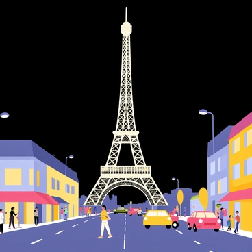 The Eiffel Tower stands tall, illuminated with thousands of sparkling lights, creating a dazzling display against the dark night sky. The scene is set on a bustling city street, where people walk by, some stopping to take pictures. Colorful storefronts line the street, adding vibrant colors to the scene. Cars are parked along the curb, while a few street lamps cast a warm glow. The atmosphere is lively, and the tower's silhouette towers over the cityscape, making it a focal point of the illustration.