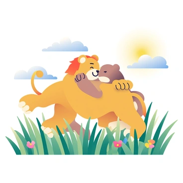Two lion cubs are playfully tackling each other in a grassy field. One cub has golden fur with faint spots, while the other has a slightly darker coat. They are surrounded by tall green grass that sways gently in the sunlight. The sun casts warm, golden rays across the scene, illuminating the cubs' playful antics. Nearby, a few wildflowers with bright colors add pops of vibrancy to the lush greenery. In the background, a soft blue sky is dotted with fluffy white clouds.