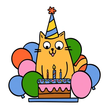 A cheerful cat with light fur and big eyes is wearing a colorful party hat. The cat is sitting on a table surrounded by an array of bright, colorful balloons of various sizes. In front of the cat, there is a beautifully decorated birthday cake with colorful frosting and candles on top. The scene conveys a festive atmosphere, with the cat looking playful and happy, ready to celebrate.