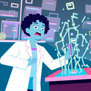 A young child with curly hair and bright, curious eyes is wearing a white lab coat that is slightly oversized. They are standing in a modern laboratory filled with various scientific equipment and colorful gadgets. The child is leaning forward, their face expressing amazement, as they observe a complex electric circuit that has just lit up with vibrant, glowing lights. The circuit is composed of intricate wires and small components, with sparks of electric blue and bright yellow illuminating the child's face, highlighting their fascination with the experiment.