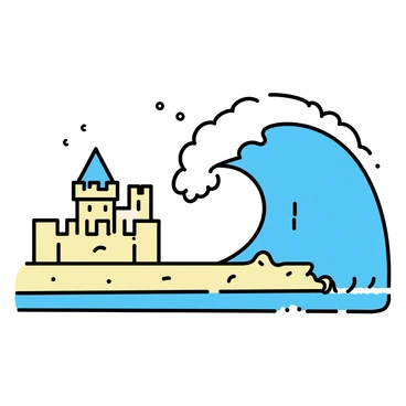 A giant wave, towering and curling at the top, is moments away from crashing down onto a sand castle. The sand castle, intricately built with turrets and walls, stands proudly on the beach, its surface glistening under the sun. Tiny details of seashells and pebbles are embedded in the castle’s structure. The ocean's water is a deep blue, contrasting with the light beige of the sand. Foam begins to form at the base of the wave, indicating the force and motion as it approaches. The scene captures the tension of impending impact, with droplets of water suspended in the air.