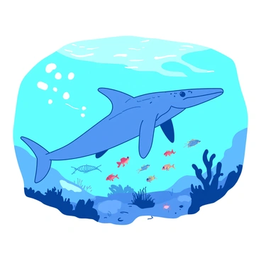 A blue ichthyosaurus gliding gracefully through a turquoise prehistoric ocean. The ichthyosaurus has a streamlined body with a long, pointed snout and large flippers. Surrounding the ichthyosaurus are various small fish, swimming in schools of vibrant colors. The ocean floor is faintly visible below, with scattered rocks and aquatic plants. Bubbles trail behind the ichthyosaurus as it moves through the clear water. Light filters down from the surface, creating a serene atmosphere in the underwater scene.