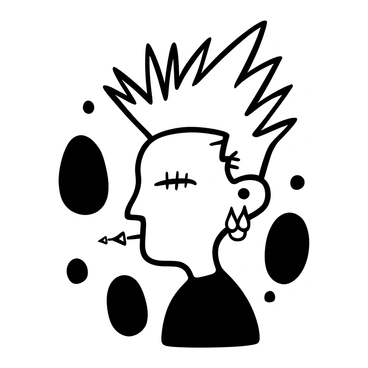 A black-and-white illustration of a punk-styled character with a distinctive mohawk hairstyle. The hair is depicted in an exaggerated spiky manner, with various shapes and textures illustrating its vibrancy. The character has several facial piercings, including studs and rings, which are intricately detailed. The background features abstract shapes that enhance the punk aesthetic.