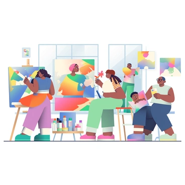 A group of five artists is gathered in a spacious, colorful studio, each working on a shared canvas. The first artist, a woman with long, curly brown hair, is using a palette knife to apply vibrant blue and green strokes on the canvas. Next to her, a man with short black hair is using a wide brush to create bold lines in red and yellow. A third artist, a young woman with glasses and brightly colored braids, is carefully adding intricate details with a fine brush, using shades of purple and orange. Behind them, a fourth artist with a shaved head is standing on a stool, reaching up to add splashes of pink. The last artist, a person with short curly hair, is seated on the floor, surrounded by tubes of paint, mixing various colors on a small palette. The walls of the studio are adorned with abstract art pieces, and large windows let in natural light, illuminating the lively scene.