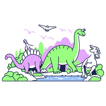 A scene depicting dinosaurs of various species gathered around a prehistoric waterhole. In the foreground, a large Brachiosaurus with a long neck is bending down to drink water. Nearby, a Triceratops is standing with its three distinctive facial horns, while a small Velociraptor is perched on a rock, looking around. To the left, a Stegosaurus with its spiked back is grazing on low-lying plants. In the background, a group of Pterosaurs is flying above, casting shadows on the ground. The waterhole is surrounded by lush vegetation and rock formations, adding to the prehistoric atmosphere.