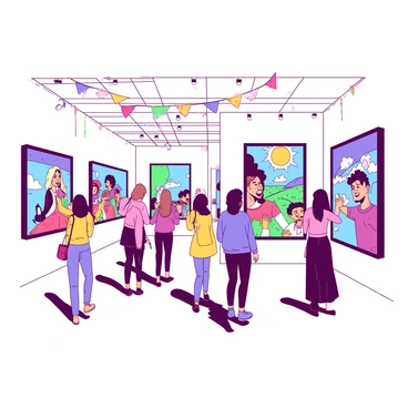 A bright and vibrant gallery space filled with several large frames displaying colorful cartoon illustrations from various artists. Each frame features a distinct cartoon style, showcasing playful characters and imaginative scenes. The walls are painted in a neutral tone to enhance the vividness of the illustrations. There are colorful banners hanging from the ceiling, adding to the lively atmosphere of the gallery. Visitors are seen admiring the artwork, some discussing the pieces animatedly while others take photographs. The gallery is well-lit, with spotlights highlighting each illustration, creating an inviting and cheerful environment.